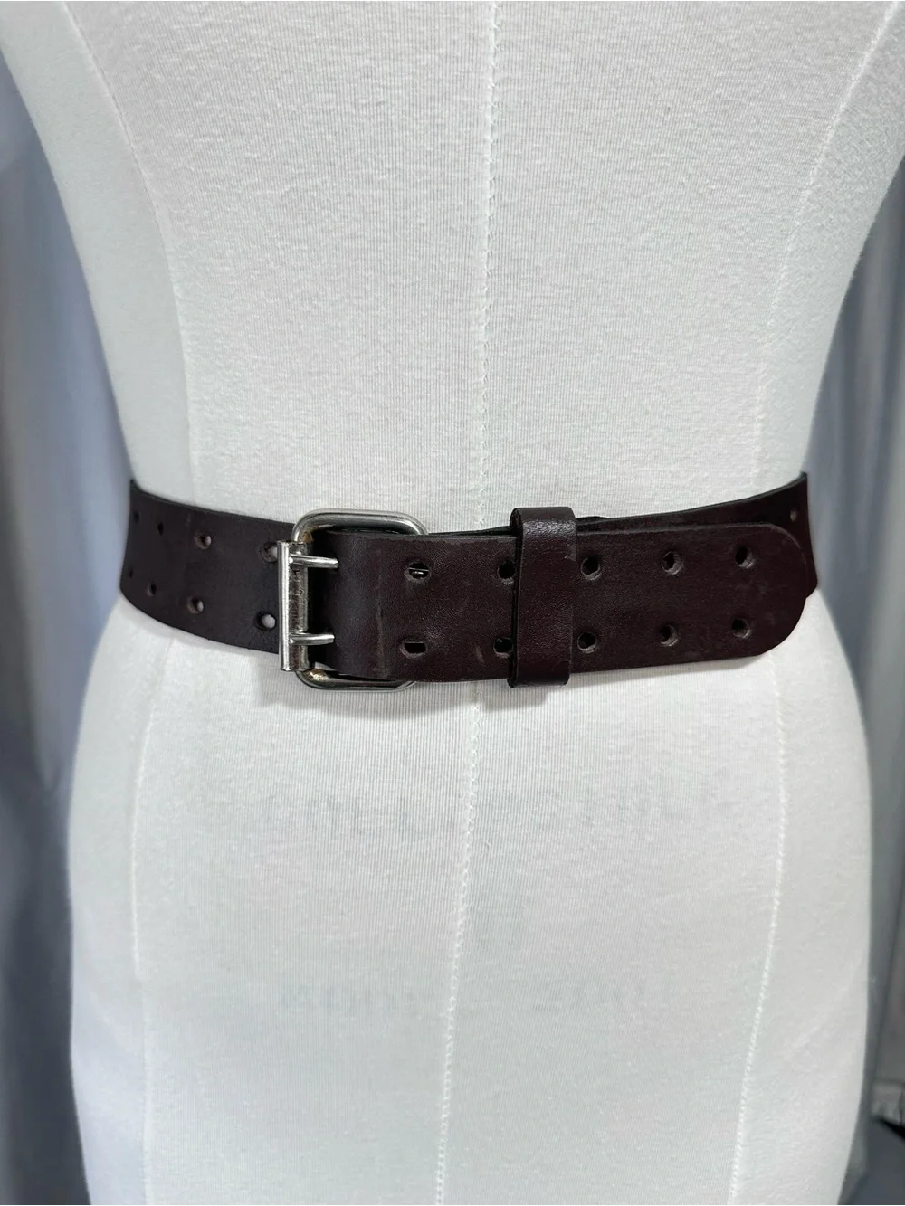 Wide Double-Prong Leather Waist Belt in Dark Brown
